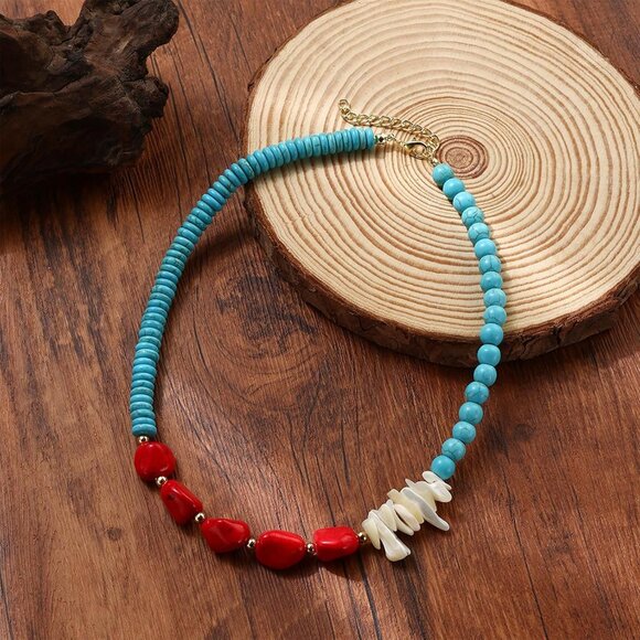 Turquoise Bead Necklace Women Adjustable Bohemian Shell Jewelry - Picture 2 of 7